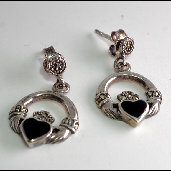 Vintage Sterling Silver, Marcasite & Black Onyx Claddagh Earrings - Picture 2 of 7